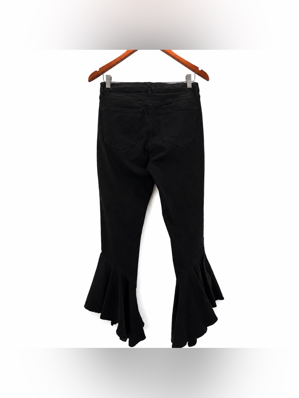 Topshop Moto Jamie Black Ruffle Hem Flare Jeans Stretch Denim Statement Pants - Picture 2 of 8
